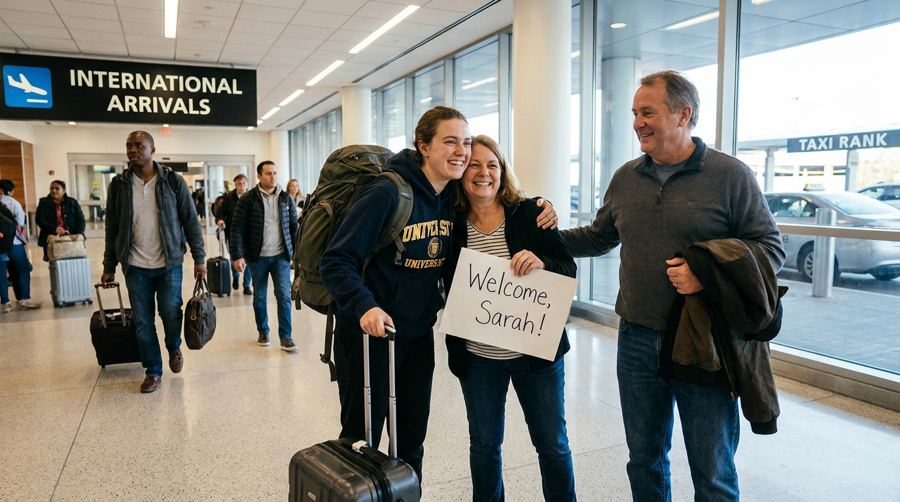 Student being welcomed at the airport arrivals gate